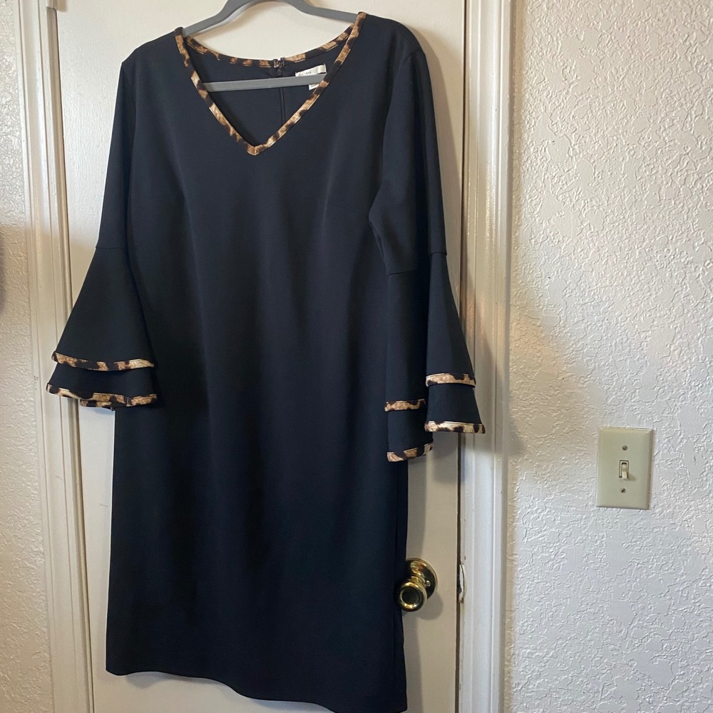 Cato Black Dress Size 14 Leopard Trim Long Sleeve Tiered Bell Cuff - Picture 2 of 6